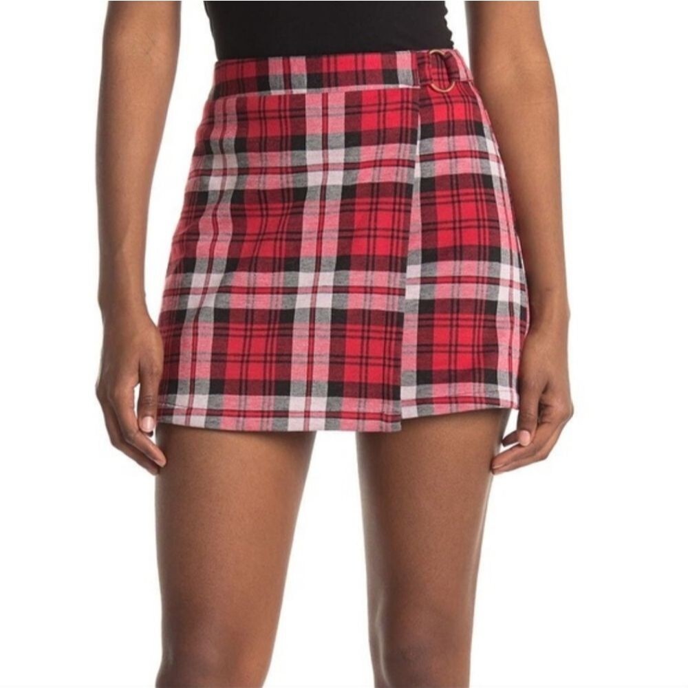 ABOUND Women’s Red Black Plaid Faux Wrap Mini Skirt Large Y2K Preppy Schoolgirl